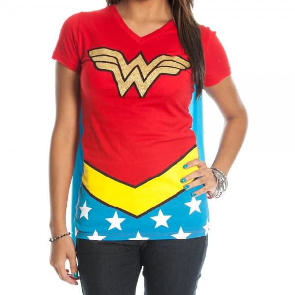 DC Comics Wonder Woman Glittered Juniors Red V Neck T-Shirt And Cape