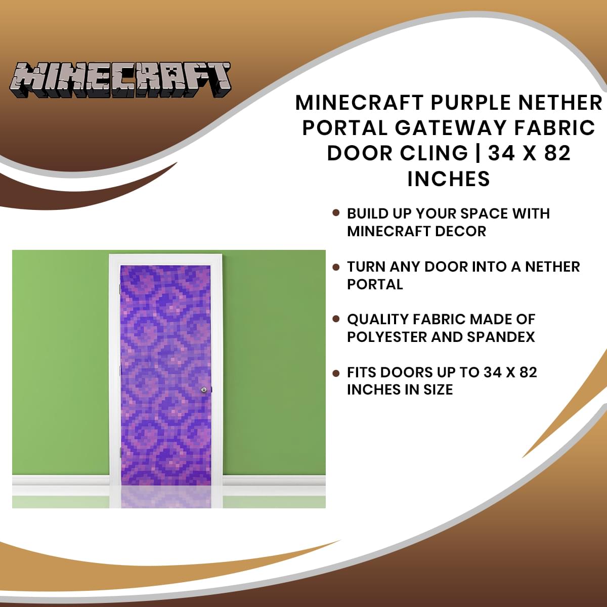 Minecraft Purple Nether Portal Gateway Fabric Door Cling | 34 x 82 Inches