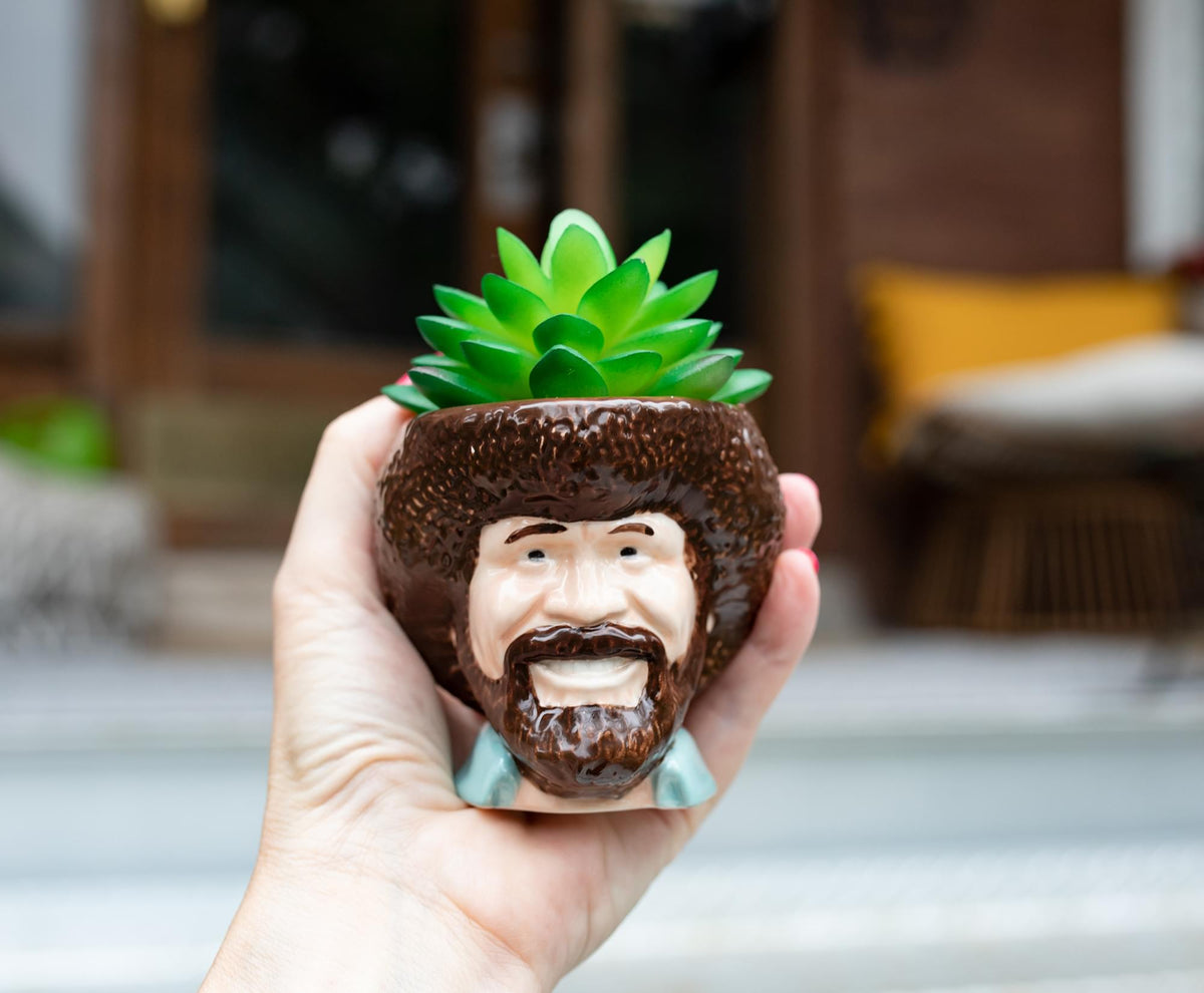 Bob Ross Mini Ceramic Planter with Artificial Succulent Plant