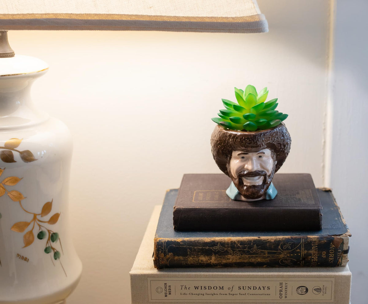Bob Ross Mini Ceramic Planter with Artificial Succulent Plant