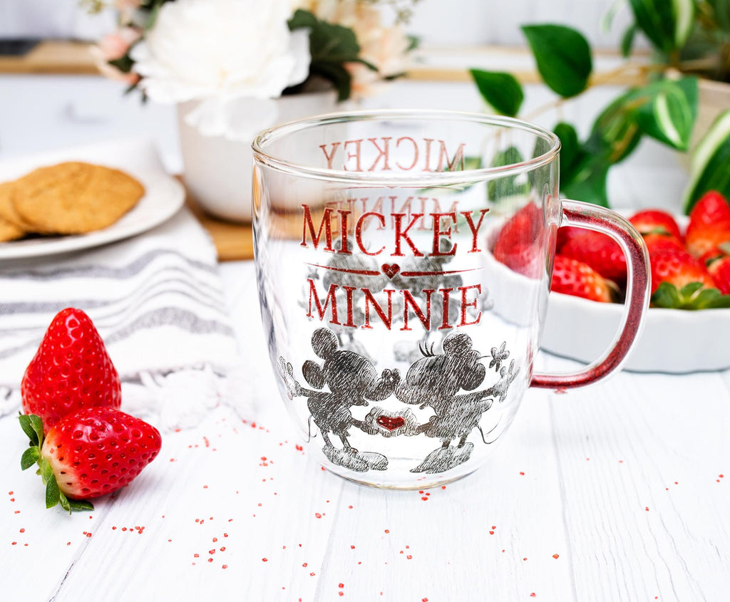 Disney Minnie And Mickey Mouse Glass Mug With Glitter Handle | Holds 14 Ounces