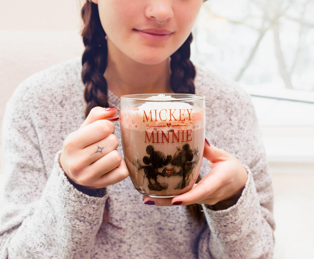 Disney Minnie And Mickey Mouse Glass Mug With Glitter Handle | Holds 14 Ounces