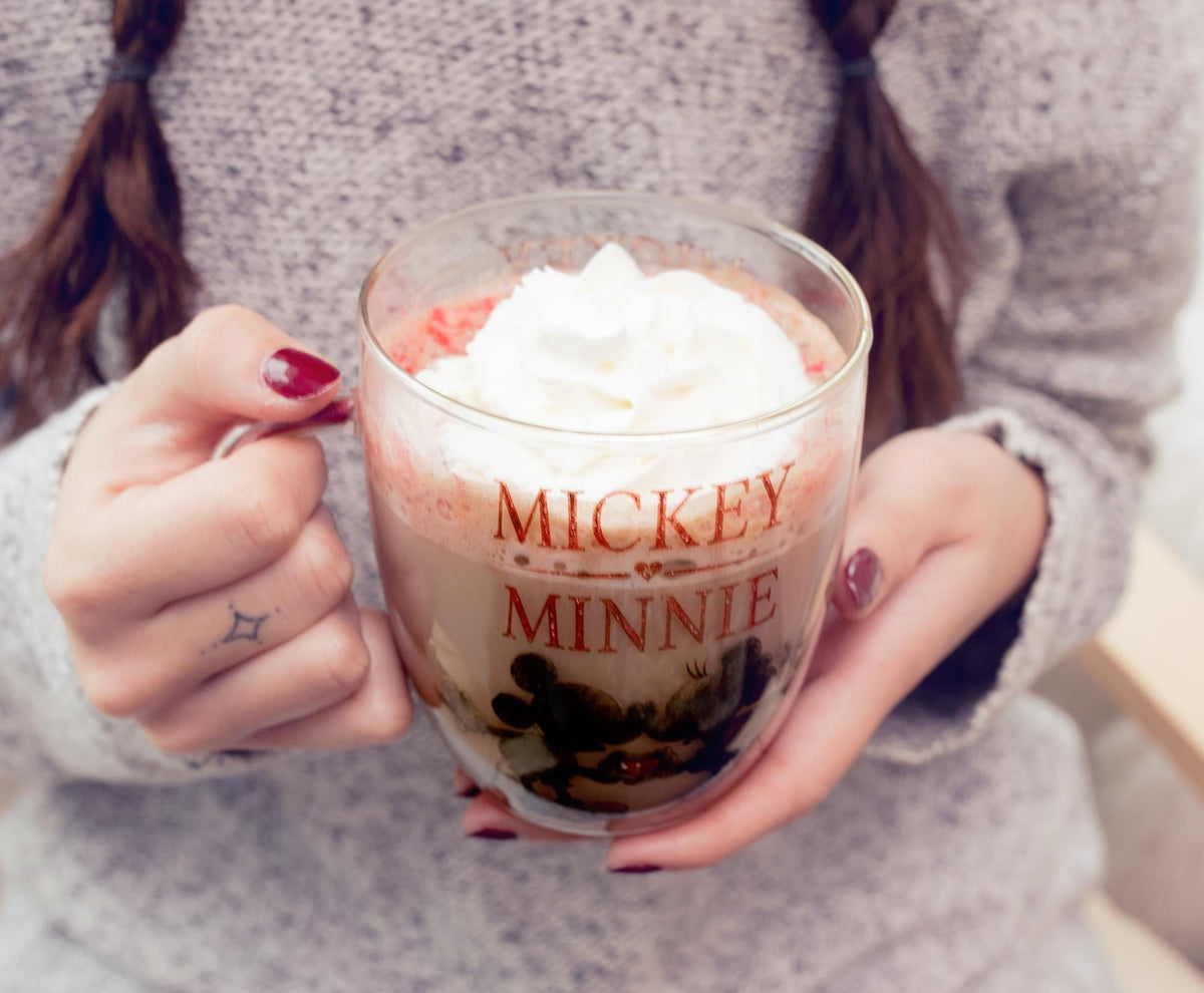 Disney Minnie And Mickey Mouse Glass Mug With Glitter Handle | Holds 14 Ounces