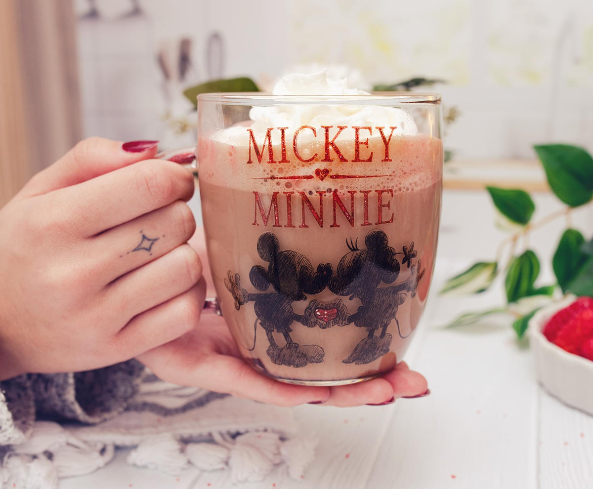 Disney Minnie And Mickey Mouse Glass Mug With Glitter Handle | Holds 14 Ounces
