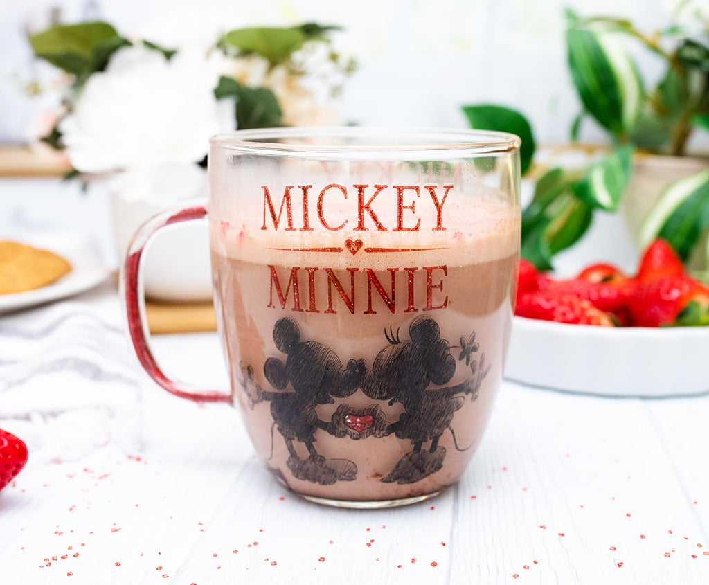Disney Minnie And Mickey Mouse Glass Mug With Glitter Handle | Holds 14 Ounces