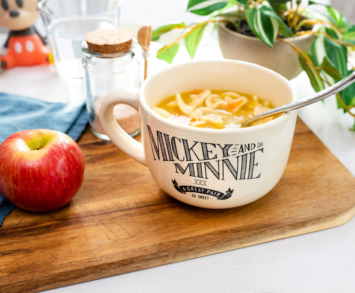 Disney Vintage Mickey and Minnie Mouse Ceramic Soup Mug With Lid | 24 Ounces