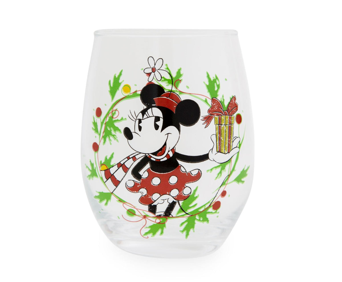 Disney Minnie Mouse Christmas Wreath Stemless Wine Glass | Holds 20 Ounces