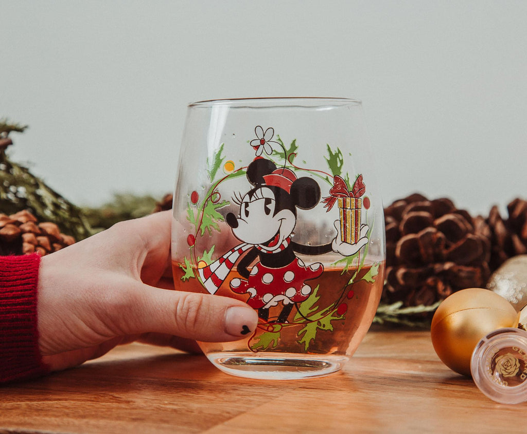 Disney Minnie Mouse Christmas Wreath Stemless Wine Glass | Holds 20 Ounces