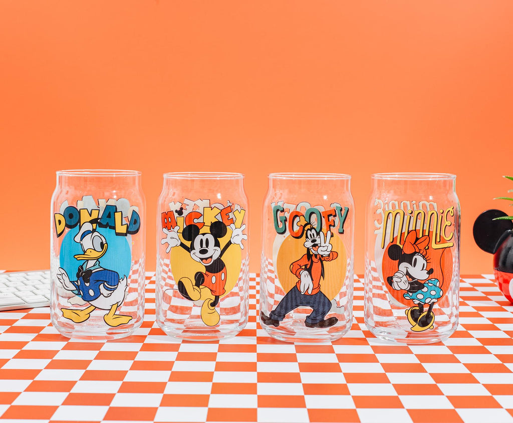 Disney Mickey Mouse and Friends 4-Piece Glass Can Set | Each Holds 16 Ounces