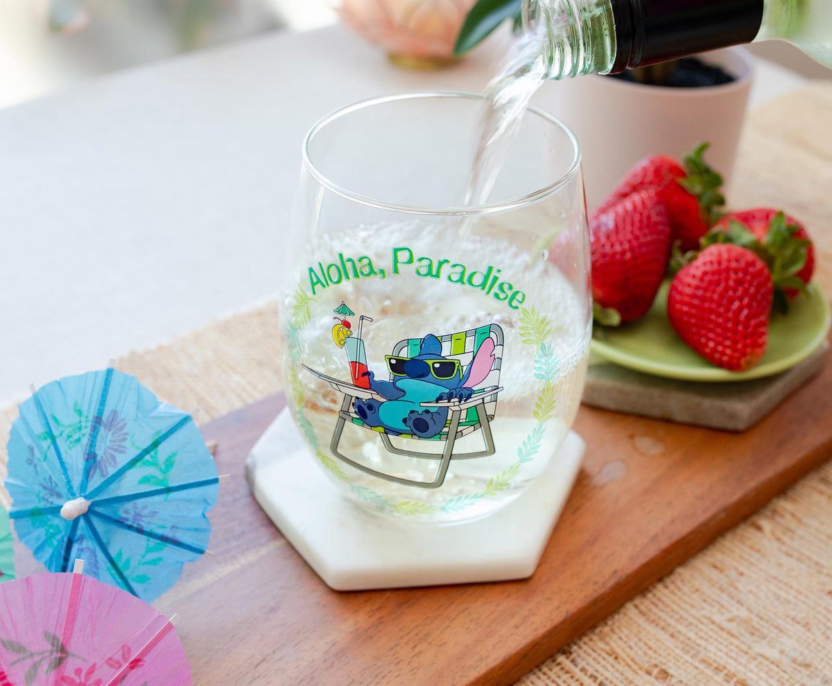 Disney Lilo & Stitch "Aloha, Paradise" Stemless Wine Glass | Holds 20 Ounces