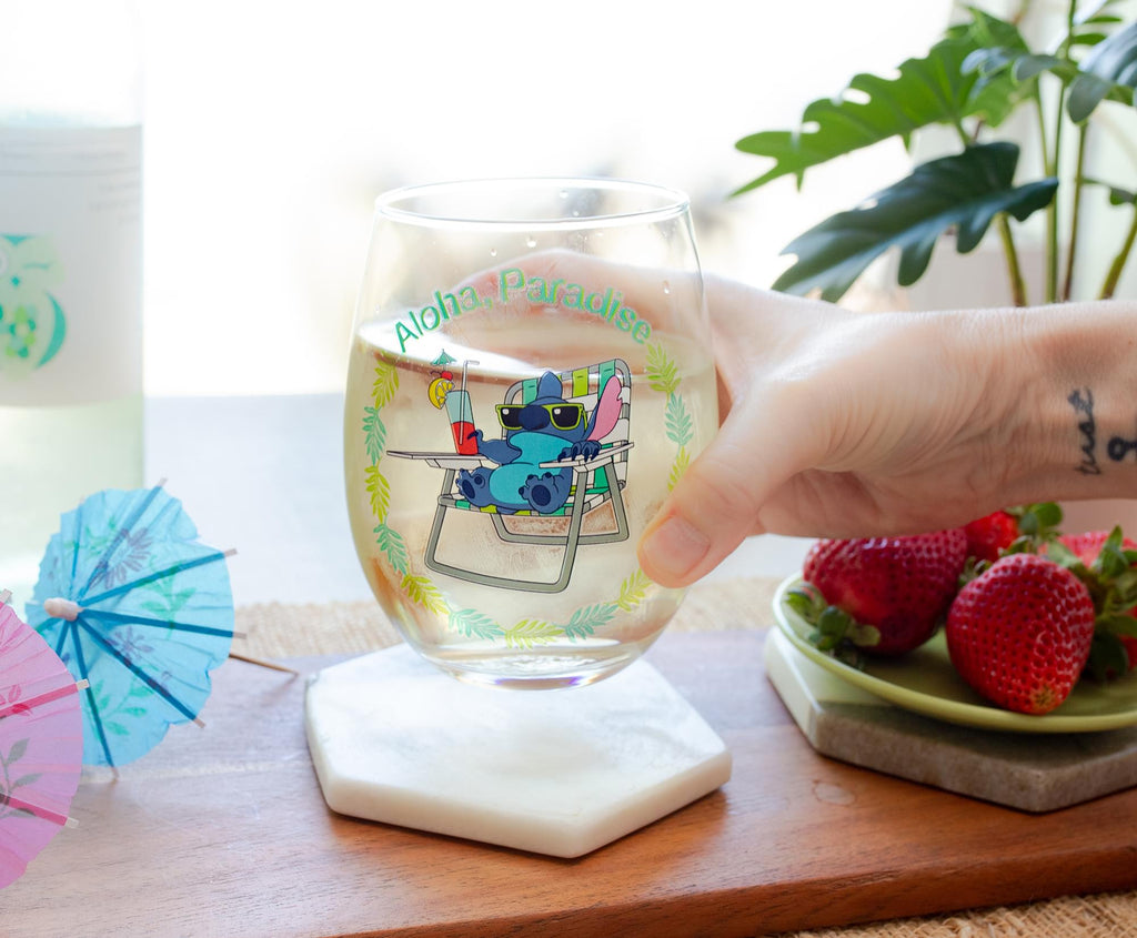 Disney Lilo & Stitch "Aloha, Paradise" Stemless Wine Glass | Holds 20 Ounces