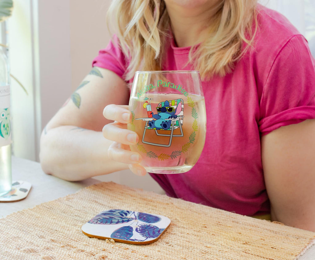 Disney Lilo & Stitch "Aloha, Paradise" Stemless Wine Glass | Holds 20 Ounces