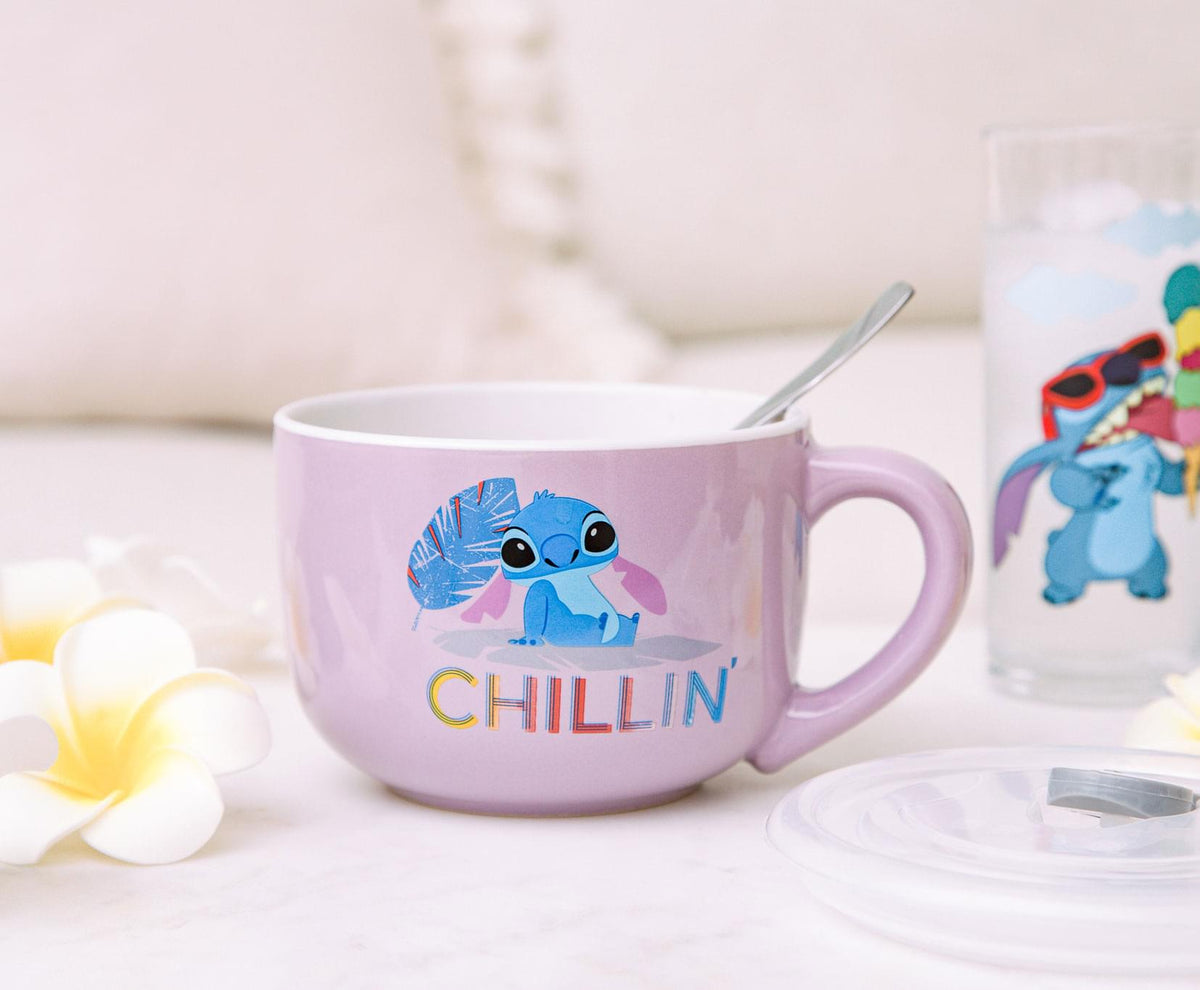 Disney Lilo & Stitch "Chillin" Ceramic Soup Mug With Vented Lid | Holds 24 Ounces