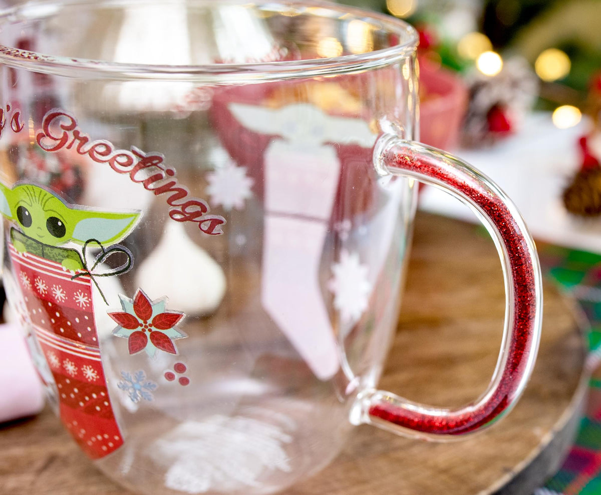 Star Wars: The Mandalorian Grogu Holiday Glitter Handle Glass Mug  | 14 Ounces