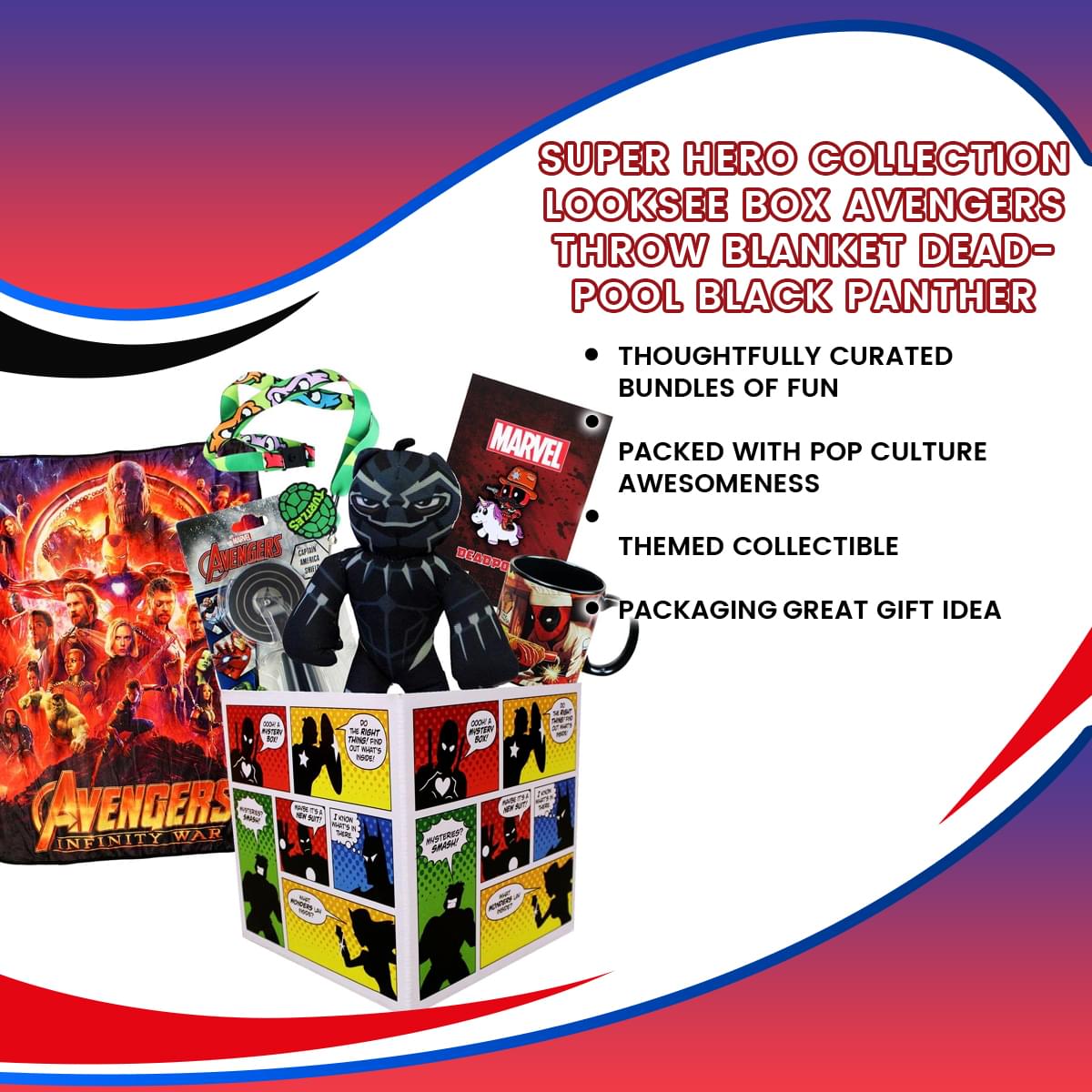 Super Hero Collection LookSee Box Avengers Throw Blanket Deadpool Black Panther
