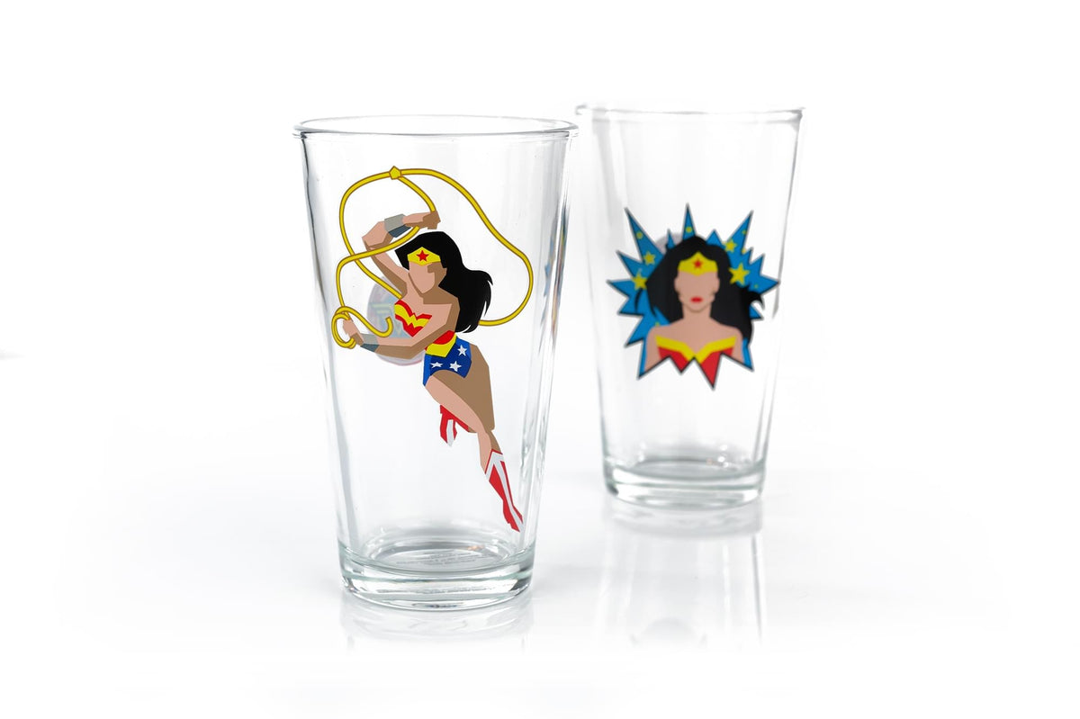 DC Wonder Woman Pint Glass Set | Two Action Packed 16-Ounce Cups | Set Of 2