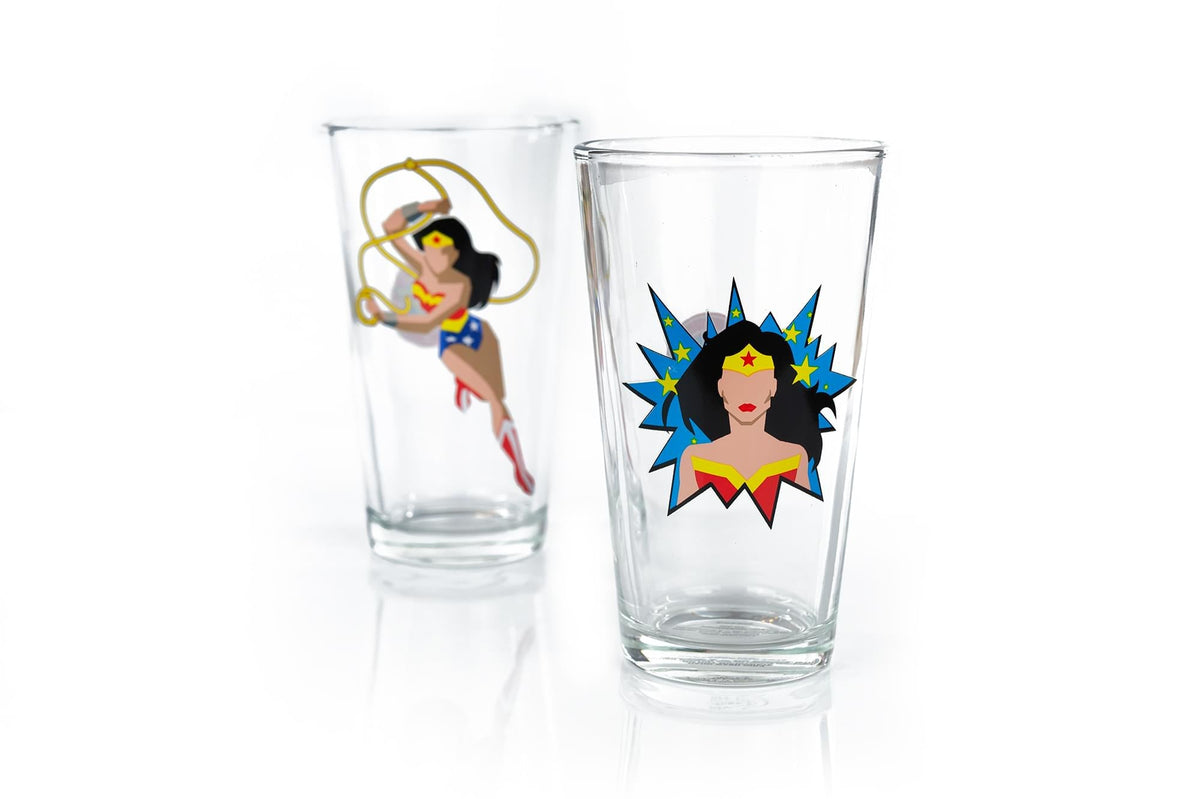 DC Wonder Woman Pint Glass Set | Two Action Packed 16-Ounce Cups | Set Of 2
