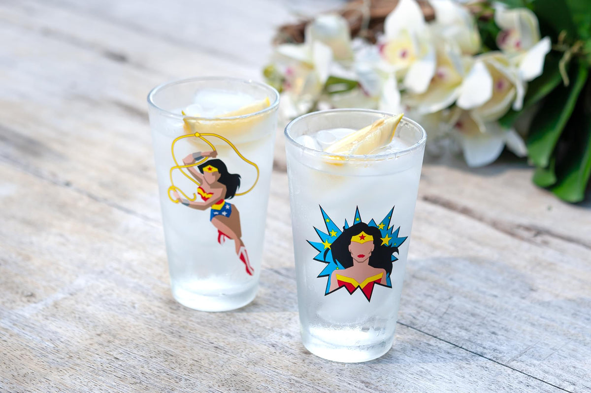 DC Wonder Woman Pint Glass Set | Two Action Packed 16-Ounce Cups | Set Of 2