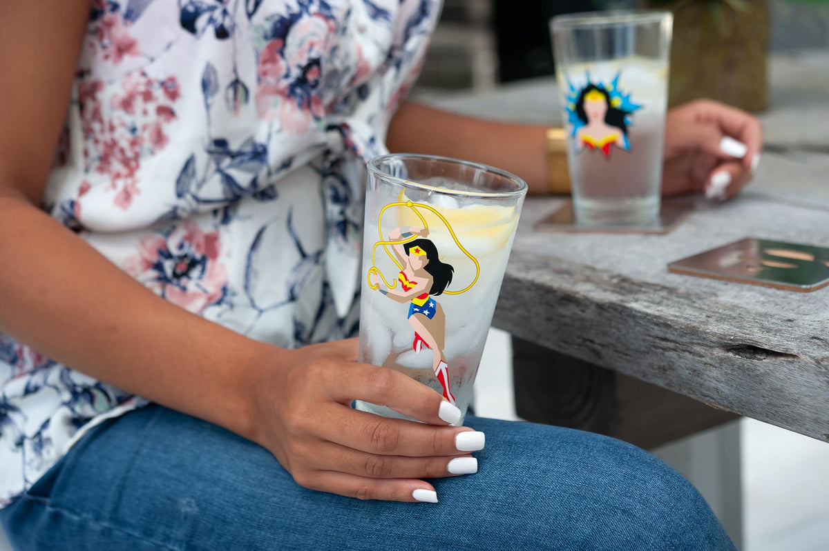 DC Wonder Woman Pint Glass Set | Two Action Packed 16-Ounce Cups | Set Of 2