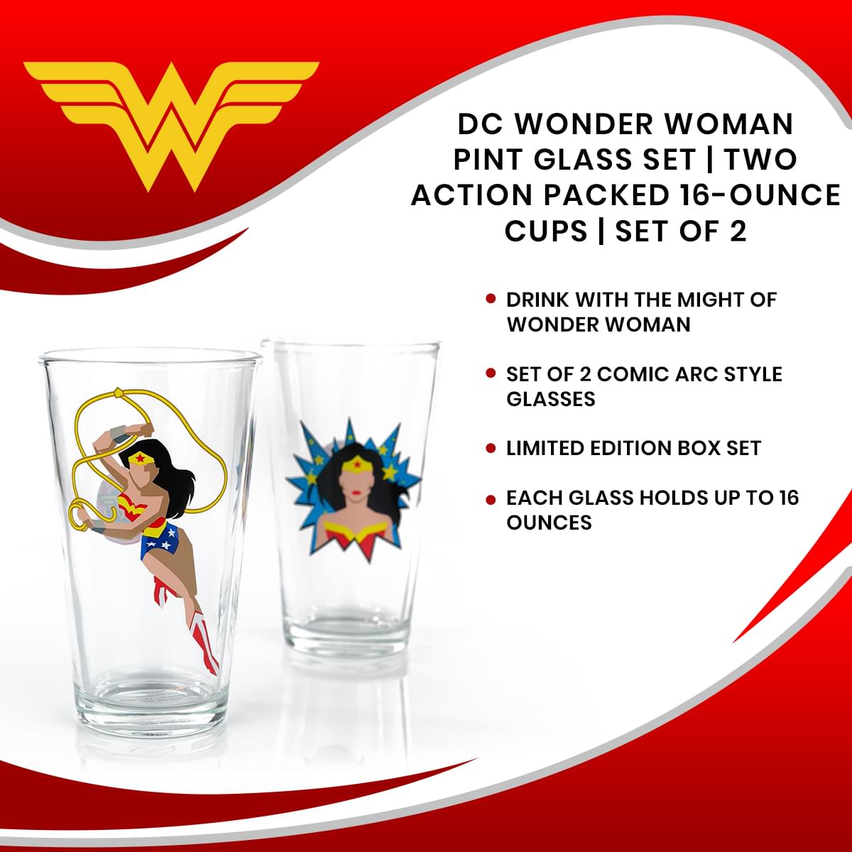 DC Wonder Woman Pint Glass Set | Two Action Packed 16-Ounce Cups | Set Of 2